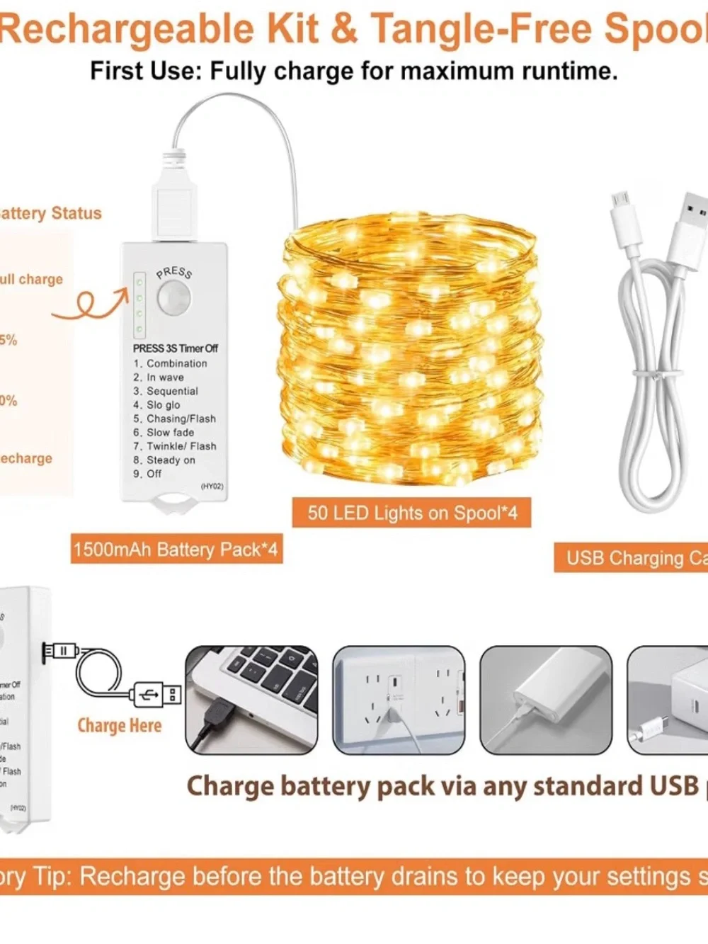 4 Pack Rechargeable Fairy String Lights 50 LED Warm White 8 Modes Timer USB